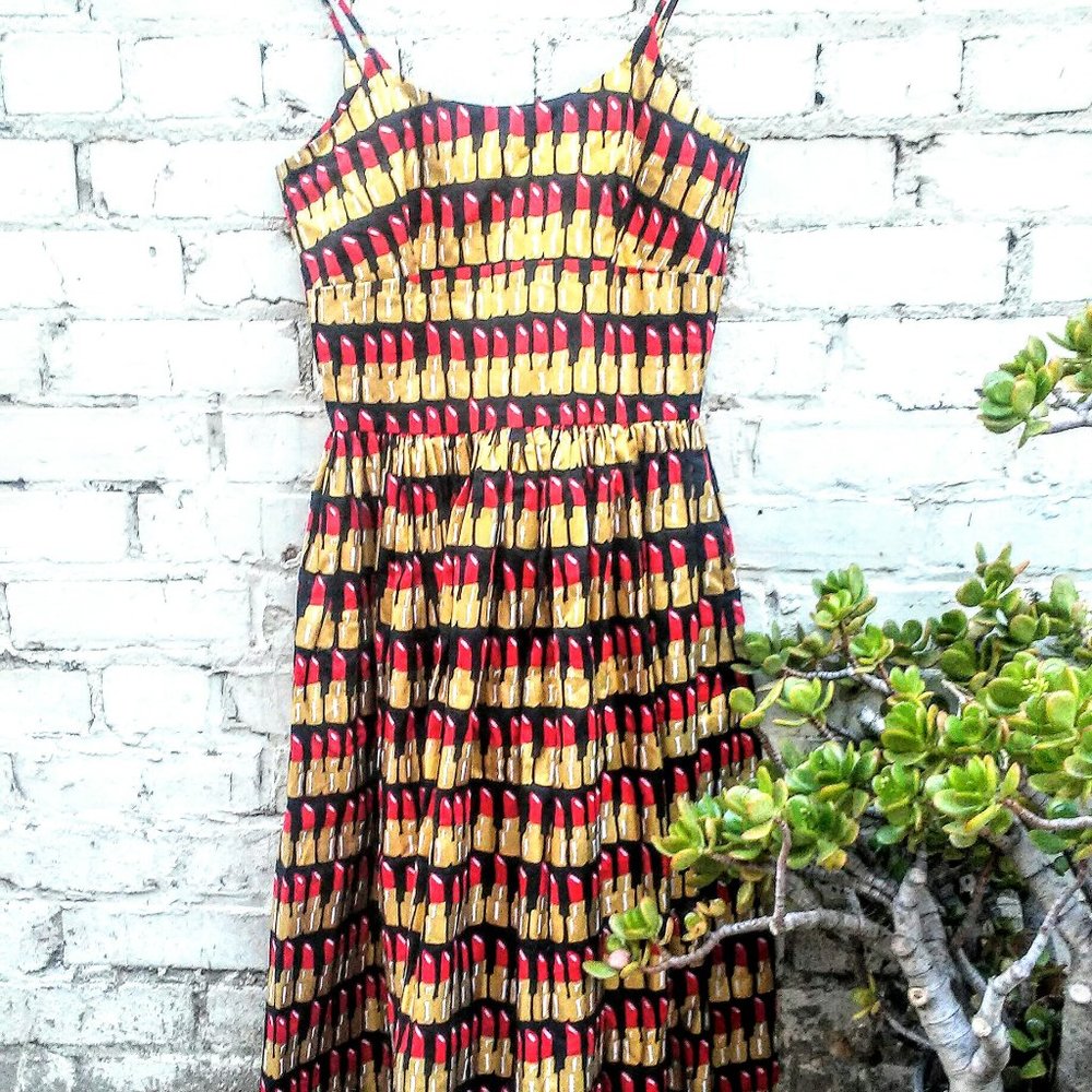 Bernie Dexter Lipstick Dress, Retro Black Red Gold, Sleeveless, Fit and Flare